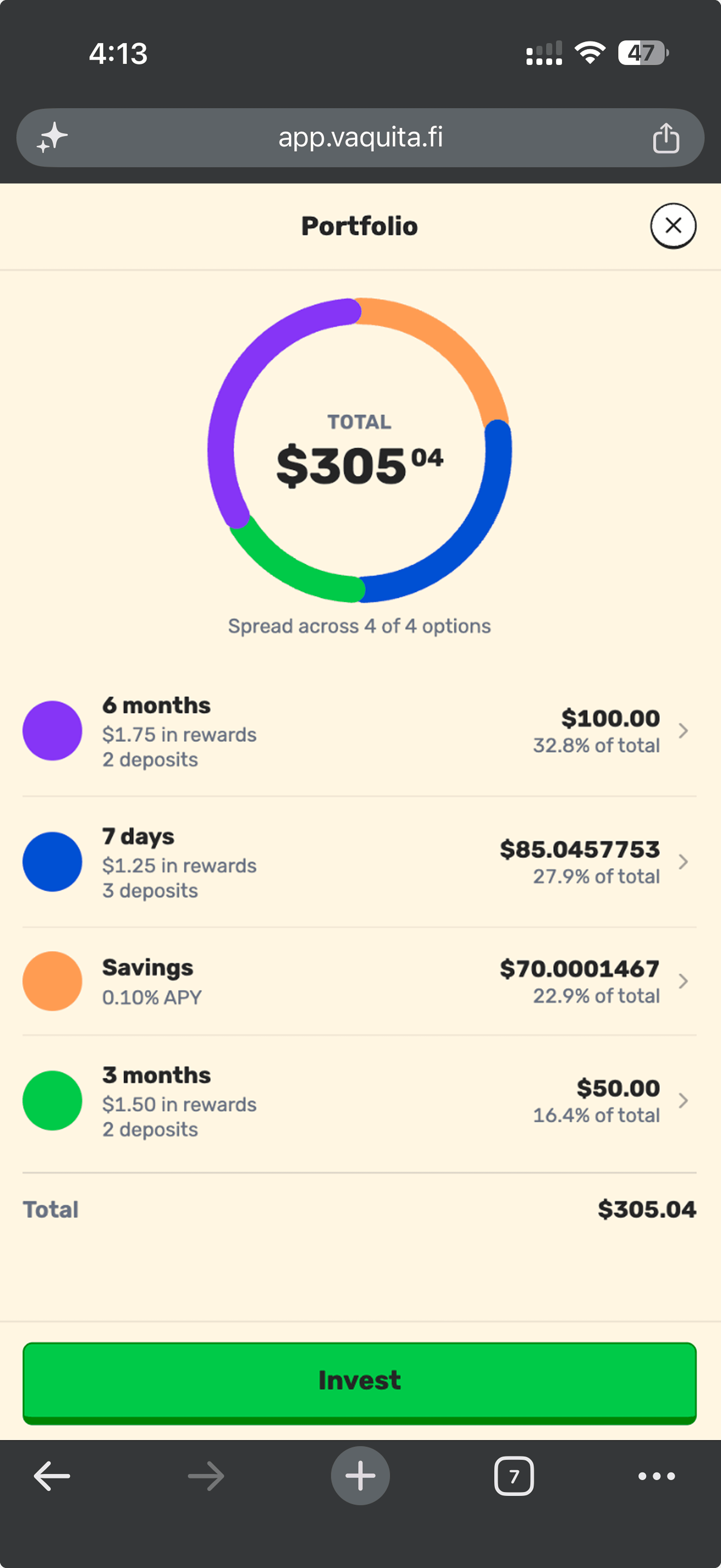 Vaquita savings and rewards screen
